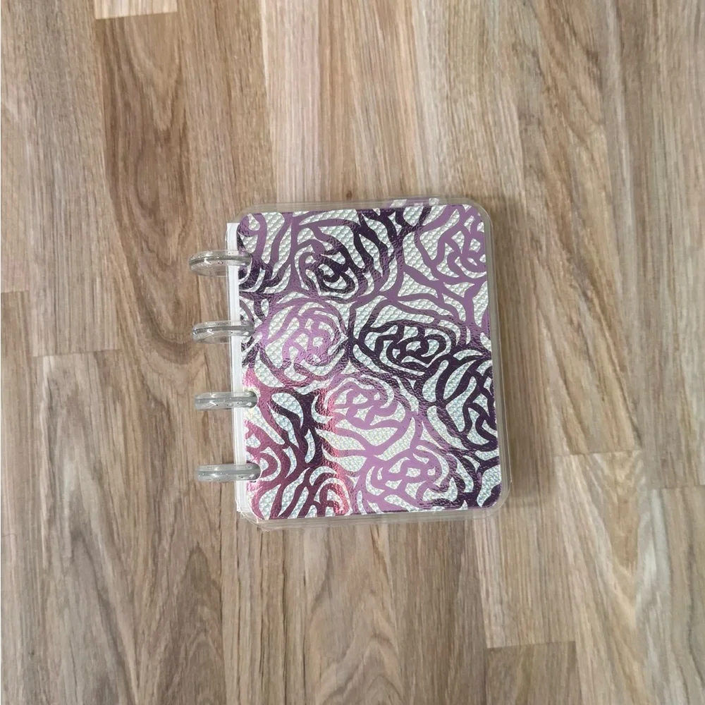 Micro planner holographic roses pink and silver weekly layout.